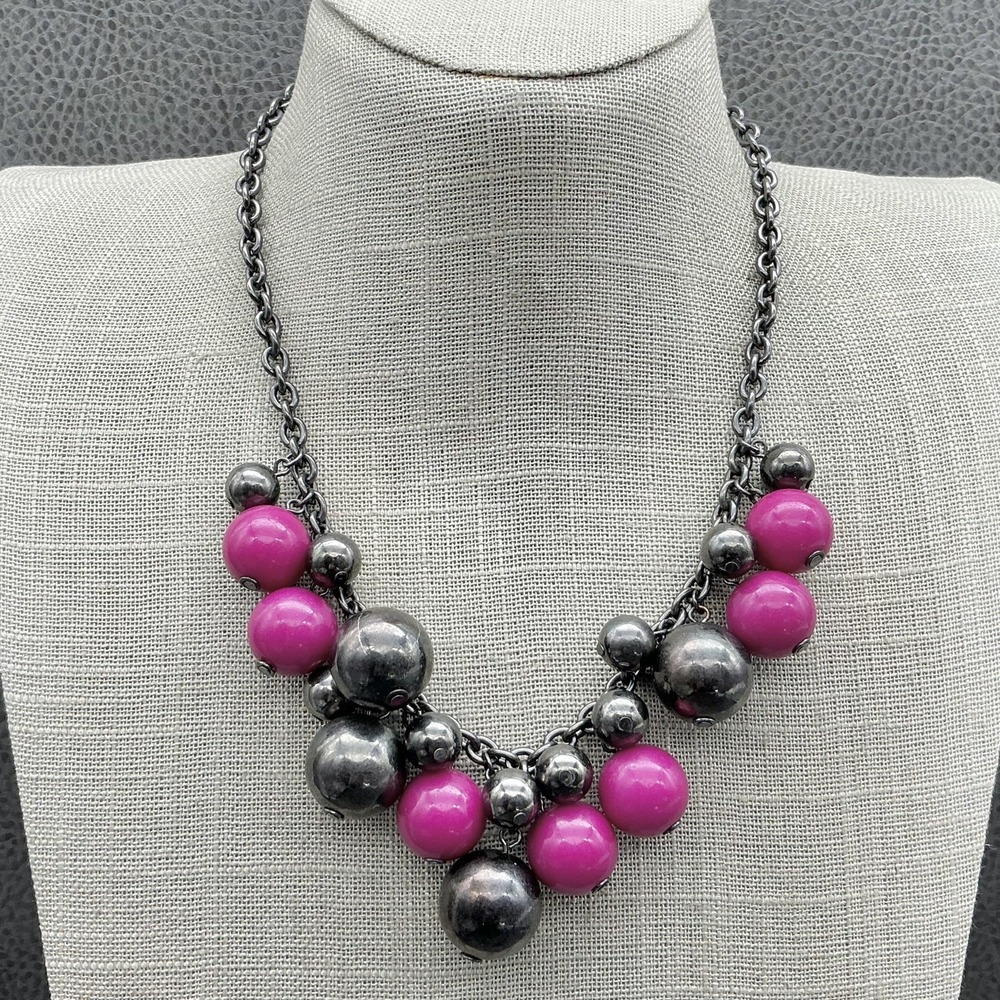Express Necklace Gunmetal Pink Beaded Statement Bib Necklace Adjustable 18"